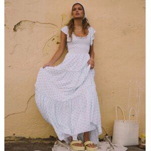 Araminta James Polka Dot Maxi Dress White Blue Tiered Ruffle Sundress Women’s M